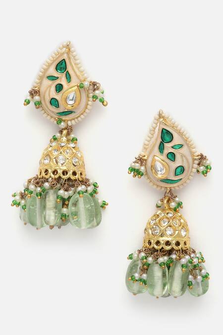 Dugran By Dugristyle Green Pearls, Lace, Stones Meenakari Paisley Embellished Jhumkas Online at Aza Fashions Dugran By Dugristyle_Green Pearls, Lace, Stones Meenakari Paisley Embellished Jhumkas _Online_at_Aza_Fashions