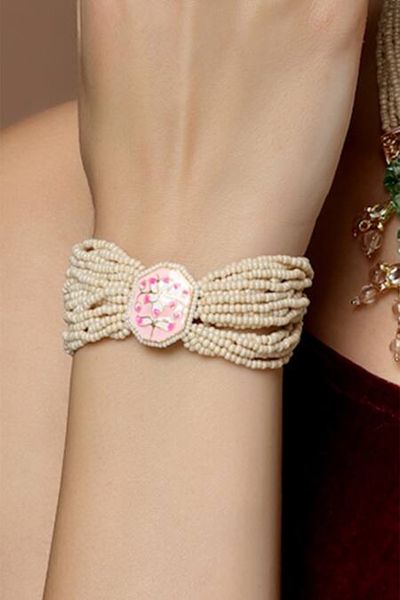 Shop_Dugran By Dugristyle_Pink Pearls, Stones Layered Strewn Bracelet _Online_at_Aza_Fashions