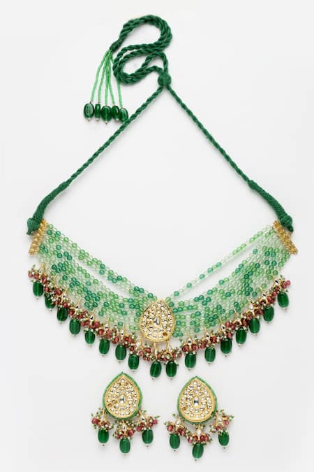 Dugran By Dugristyle_Green Pearls, Lace, Stones Bead Drop Necklace Set _Online_at_Aza_Fashions