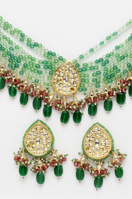 Buy_Dugran By Dugristyle_Green Pearls, Lace, Stones Bead Drop Necklace Set _Online_at_Aza_Fashions