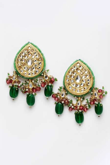 Shop_Dugran By Dugristyle_Green Pearls, Lace, Stones Bead Drop Necklace Set _Online_at_Aza_Fashions