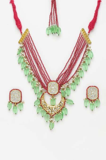 Buy_Dugran By Dugristyle_Pink Pearls, Stones, Diamonds Kundan Embellished Layered Necklace Set _Online_at_Aza_Fashions