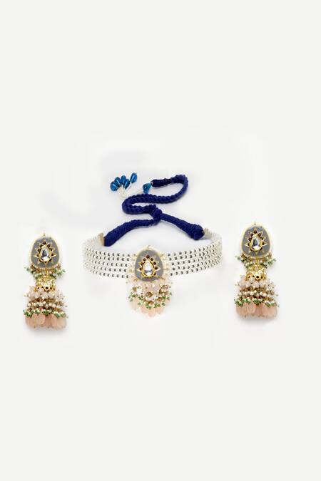 Dugran By Dugristyle_Grey Pearls, Stones, Lace, Diamonds Embellished Pendant Choker Set _Online_at_Aza_Fashions