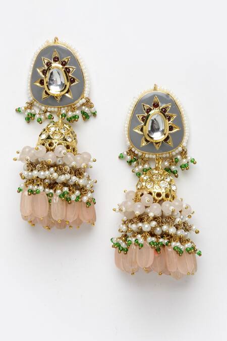 Shop_Dugran By Dugristyle_Grey Pearls, Stones, Lace, Diamonds Embellished Pendant Choker Set _Online_at_Aza_Fashions