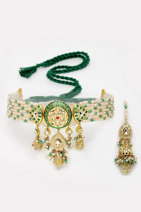 Dugran By Dugristyle_Green Pearls, Stones, American Diamond Embellished Pendant Choker Set _Online_at_Aza_Fashions