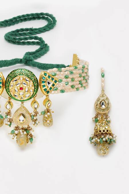 Buy_Dugran By Dugristyle_Green Pearls, Stones, American Diamond Embellished Pendant Choker Set _Online_at_Aza_Fashions