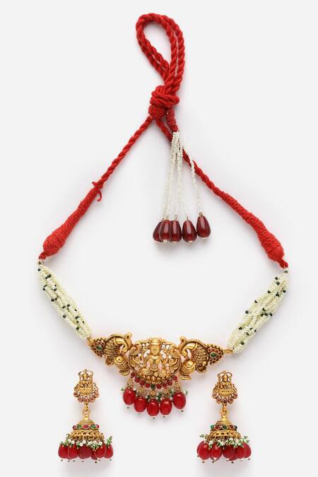 Dugran By Dugristyle Multi Color Pearls, Stones Carved Temple Choker Set Online at Aza Fashions Dugran By Dugristyle_Multi Color Pearls, Stones Carved Temple Choker Set _Online_at_Aza_Fashions