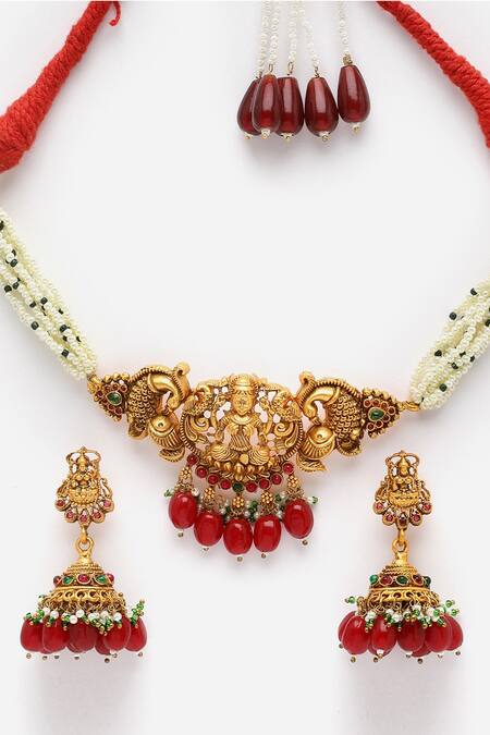 Buy Dugran By Dugristyle Multi Color Pearls, Stones Carved Temple Choker Set Online at Aza Fashions Buy_Dugran By Dugristyle_Multi Color Pearls, Stones Carved Temple Choker Set _Online_at_Aza_Fashions