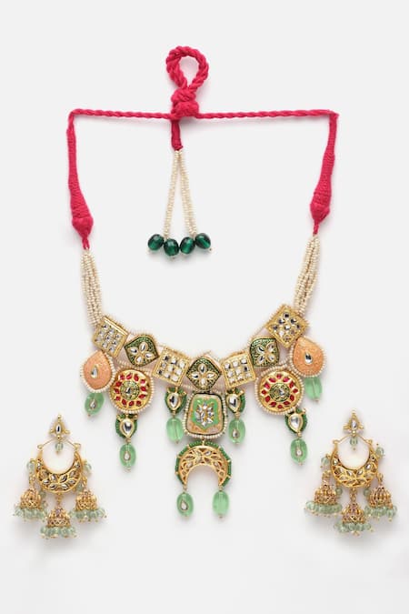 Dugran By Dugristyle_Green Metallic Thread, Crystals Meenakari Work Choker Set _Online_at_Aza_Fashions