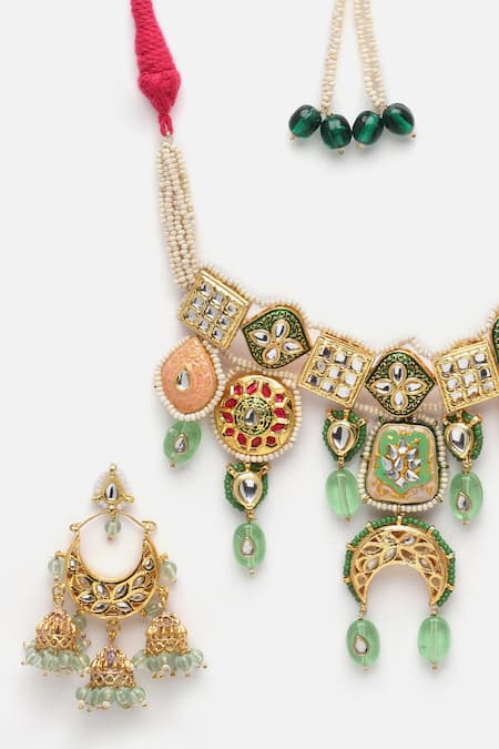 Buy_Dugran By Dugristyle_Green Metallic Thread, Crystals Meenakari Work Choker Set _Online_at_Aza_Fashions