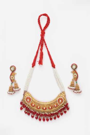 Dugran By Dugristyle_Red Metallic Thread, Pearls Lotus Pattern Choker Set _Online_at_Aza_Fashions