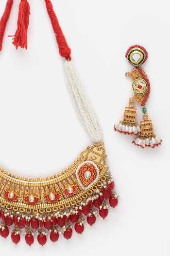 Buy_Dugran By Dugristyle_Red Metallic Thread, Pearls Lotus Pattern Choker Set _Online_at_Aza_Fashions