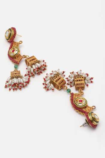 Dugran By Dugristyle_Red Metallic Thread, Pearls Lotus Pattern Choker Set _at_Aza_Fashions