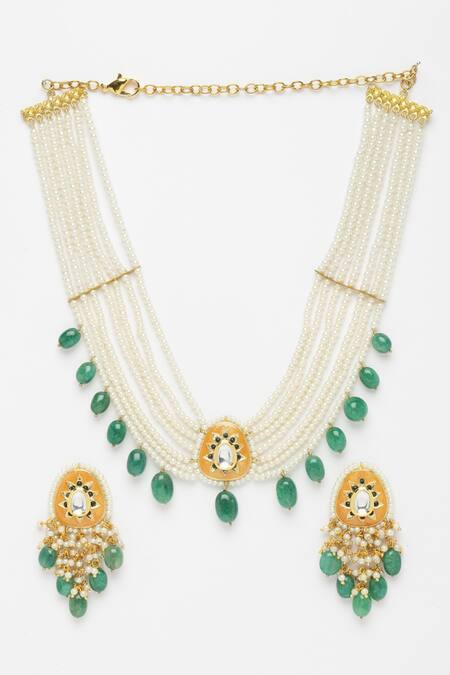 Dugran By Dugristyle_Orange Pearls, Stones Emerald Embellished Pendant Necklace Set _Online_at_Aza_Fashions