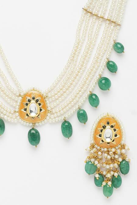 Buy_Dugran By Dugristyle_Orange Pearls, Stones Emerald Embellished Pendant Necklace Set _Online_at_Aza_Fashions