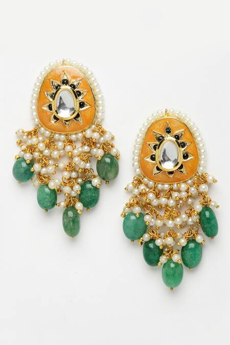 Shop_Dugran By Dugristyle_Orange Pearls, Stones Emerald Embellished Pendant Necklace Set _Online_at_Aza_Fashions