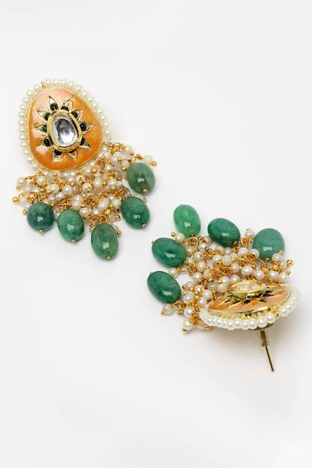 Dugran By Dugristyle_Orange Pearls, Stones Emerald Embellished Pendant Necklace Set _at_Aza_Fashions