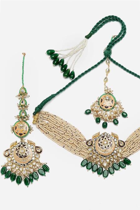 Buy_Dugran By Dugristyle_Multi Color Pearls, Zari, Stones Layered Choker Set _Online_at_Aza_Fashions