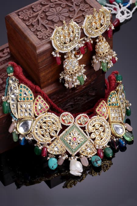 Dugran By Dugristyle_Multi Color Diamonds, Stones Drop Choker Set _Online_at_Aza_Fashions