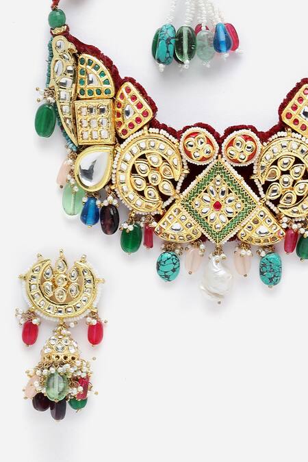 Buy_Dugran By Dugristyle_Multi Color Diamonds, Stones Drop Choker Set _Online_at_Aza_Fashions