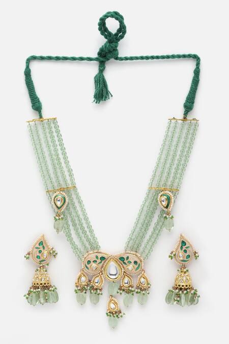 Dugran By Dugristyle Green Pearls, Stones, Metallic Thread Meenakari Work Pendant Necklace Set Online at Aza Fashions Dugran By Dugristyle_Green Pearls, Stones, Metallic Thread Meenakari Work Pendant Necklace Set _Online_at_Aza_Fashions