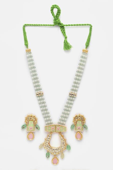 Dugran By Dugristyle Pink Pearls, Stones, Zari Kundan Embellished Long Pendant Necklace Set Online at Aza Fashions Dugran By Dugristyle_Pink Pearls, Stones, Zari Kundan Embellished Long Pendant Necklace Set _Online_at_Aza_Fashions