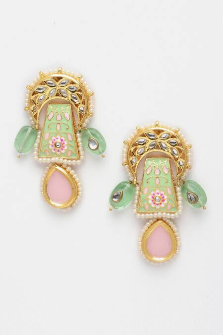 Shop Dugran By Dugristyle Pink Pearls, Stones, Zari Kundan Embellished Long Pendant Necklace Set Online at Aza Fashions Shop_Dugran By Dugristyle_Pink Pearls, Stones, Zari Kundan Embellished Long Pendant Necklace Set _Online_at_Aza_Fashions