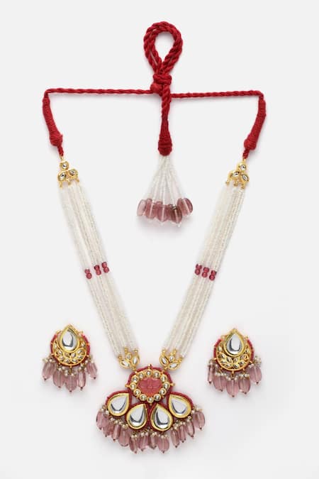 Dugran By Dugristyle Pink Pearls, Stones, Gota Patti Tear Drop Shaped Pendant Necklace Set Online at Aza Fashions Dugran By Dugristyle_Pink Pearls, Stones, Gota Patti Tear Drop Shaped Pendant Necklace Set _Online_at_Aza_Fashions