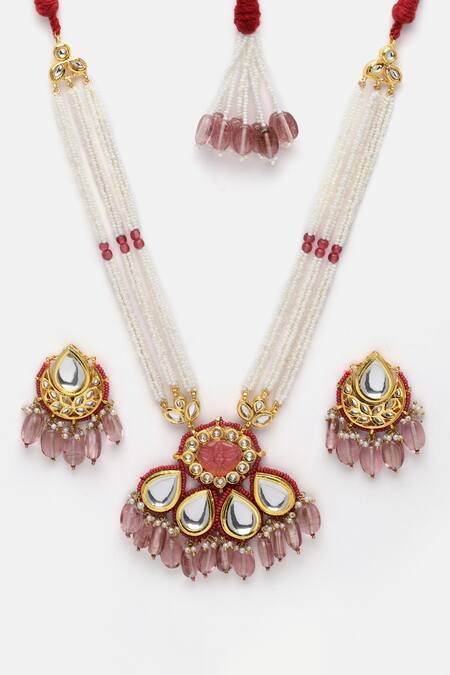 Buy Dugran By Dugristyle Pink Pearls, Stones, Gota Patti Tear Drop Shaped Pendant Necklace Set Online at Aza Fashions Buy_Dugran By Dugristyle_Pink Pearls, Stones, Gota Patti Tear Drop Shaped Pendant Necklace Set _Online_at_Aza_Fashions