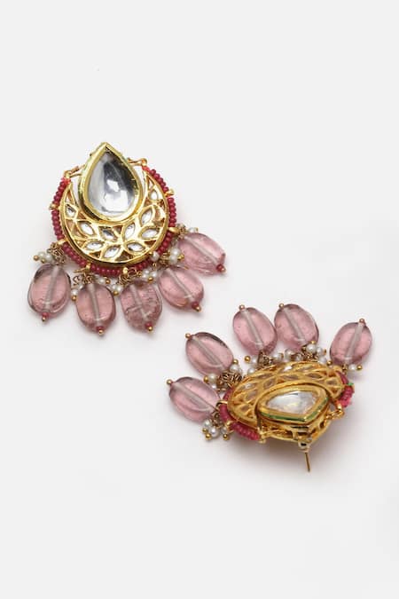 Dugran By Dugristyle Pink Pearls, Stones, Gota Patti Tear Drop Shaped Pendant Necklace Set at Aza Fashions Dugran By Dugristyle_Pink Pearls, Stones, Gota Patti Tear Drop Shaped Pendant Necklace Set _at_Aza_Fashions