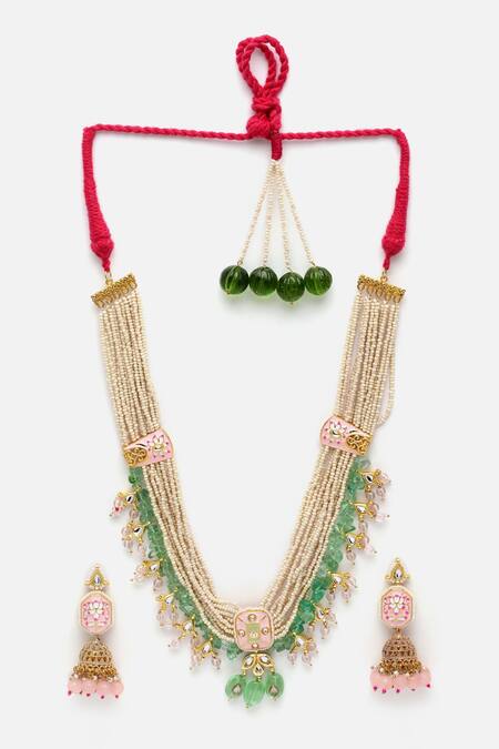 Dugran By Dugristyle Pink Pearls, Stones, Gota Patti Layered Necklace Set Online at Aza Fashions Dugran By Dugristyle_Pink Pearls, Stones, Gota Patti Layered Necklace Set _Online_at_Aza_Fashions