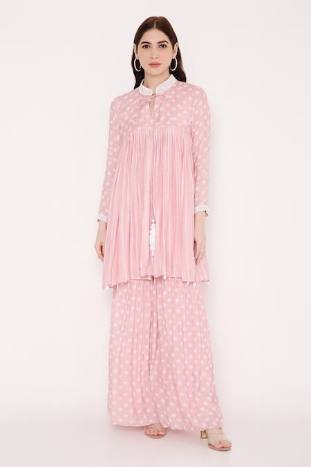 Bha Sha Pink Muslin, Net Sequins, Beads Mandarin Dhruti Printed Short Kurta Sharara Set Online at Aza Fashions Bha Sha_Pink Muslin, Net Sequins, Beads Mandarin Dhruti Printed Short Kurta Sharara Set _Online_at_Aza_Fashions