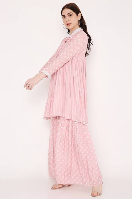 Buy Bha Sha Pink Muslin, Net Sequins, Beads Mandarin Dhruti Printed Short Kurta Sharara Set Online at Aza Fashions Buy_Bha Sha_Pink Muslin, Net Sequins, Beads Mandarin Dhruti Printed Short Kurta Sharara Set _Online_at_Aza_Fashions