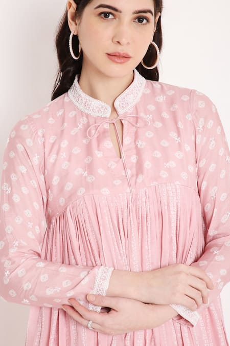 Shop Bha Sha Pink Muslin, Net Sequins, Beads Mandarin Dhruti Printed Short Kurta Sharara Set Online at Aza Fashions Shop_Bha Sha_Pink Muslin, Net Sequins, Beads Mandarin Dhruti Printed Short Kurta Sharara Set _Online_at_Aza_Fashions