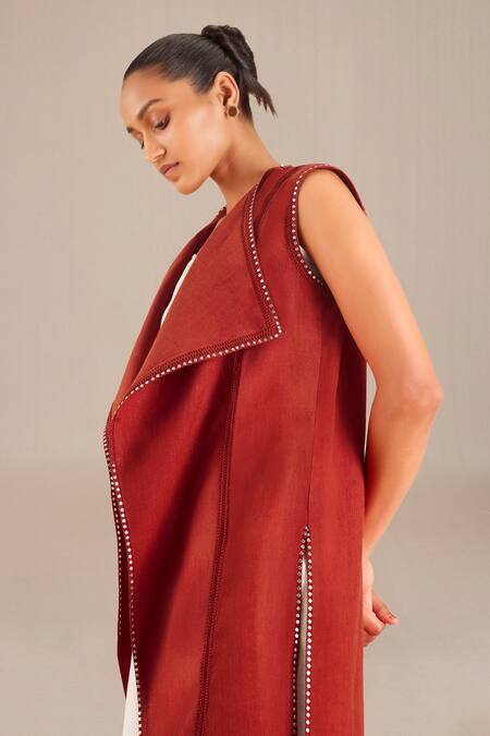 Ampm_Orange Linen Embroidery Collared Sleeveless Jacket And Pant Set_Online_at_Aza_Fashions