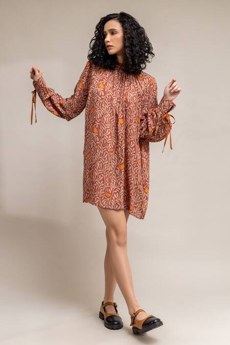 Doodlage_Orange Modal Floral Pattern High Neck Alice Print Dress _Online_at_Aza_Fashions