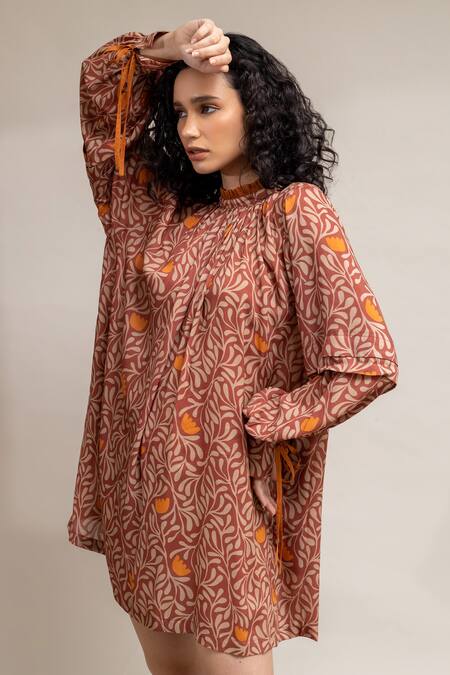 Buy_Doodlage_Orange Modal Floral Pattern High Neck Alice Print Dress _Online_at_Aza_Fashions