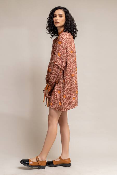 Shop_Doodlage_Orange Modal Floral Pattern High Neck Alice Print Dress _Online_at_Aza_Fashions