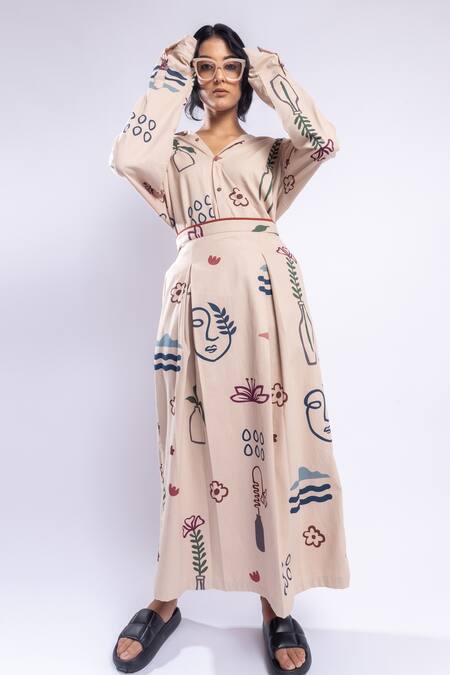 Buy_Doodlage_Beige Cotton Lea Abstract Print Maxi Skirt_Online_at_Aza_Fashions