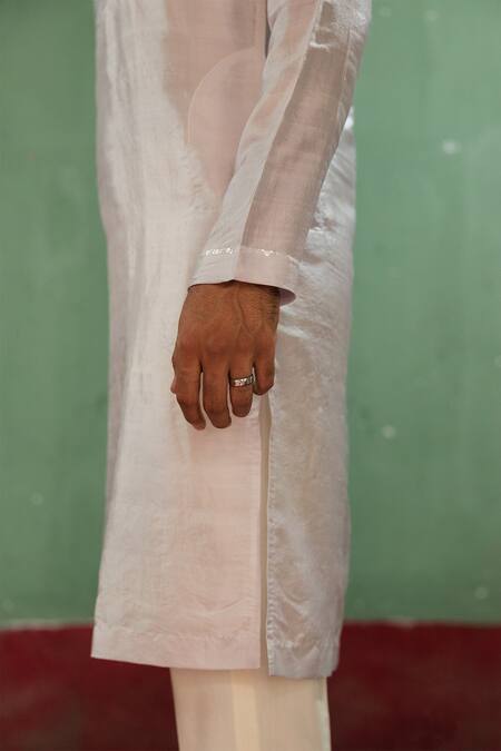 Shop Artless Grey Paper Mulberry Silk Plain Drizzles And Moon Full Sleeve Kurta Set Online at Aza Fashions Shop_Artless_Grey Paper Mulberry Silk Plain Drizzles And Moon Full Sleeve Kurta Set_Online_at_Aza_Fashions