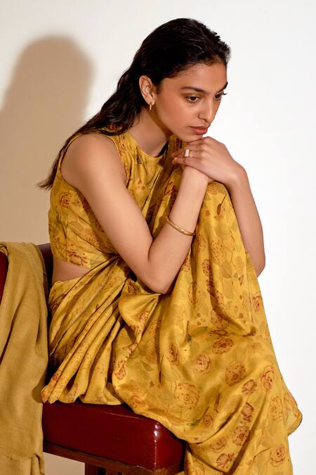 Buy_Dot_Yellow Cotton, Silk Floral Print Mustard Saree With Blouse _Online_at_Aza_Fashions