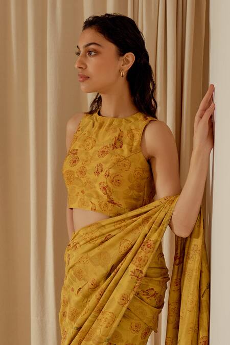 Shop_Dot_Yellow Cotton, Silk Floral Print Mustard Saree With Blouse _Online_at_Aza_Fashions