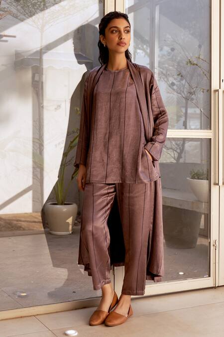 Buy_Dot_Wine Maheshwari, Silk, Cotton Round Neck, Open Striped Jacket With Kurta Set _Online_at_Aza_Fashions