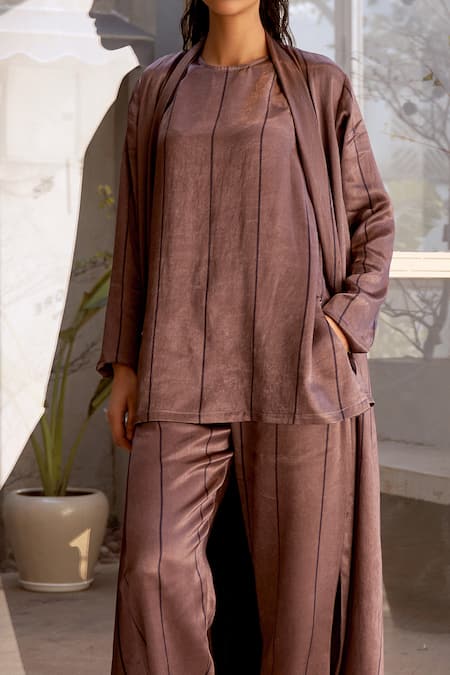 Dot Wine Maheshwari, Silk, Cotton Round Neck, Open Striped Jacket With Kurta Set at Aza Fashions Dot_Wine Maheshwari, Silk, Cotton Round Neck, Open Striped Jacket With Kurta Set _at_Aza_Fashions