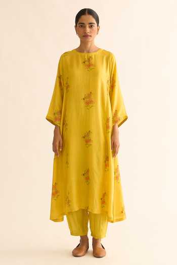 Dot_Yellow Hemp, Cotton, Silk Embroidery Round Evani Floral Print Kurta And Pant Set _Online_at_Aza_Fashions