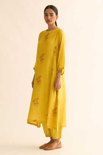 Buy_Dot_Yellow Hemp, Cotton, Silk Embroidery Round Evani Floral Print Kurta And Pant Set _Online_at_Aza_Fashions