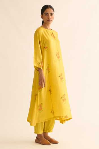 Shop_Dot_Yellow Hemp, Cotton, Silk Embroidery Round Evani Floral Print Kurta And Pant Set _Online_at_Aza_Fashions