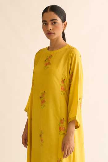 Buy_Dot_Yellow Hemp, Cotton, Silk Embroidery Round Evani Floral Print Kurta And Pant Set 