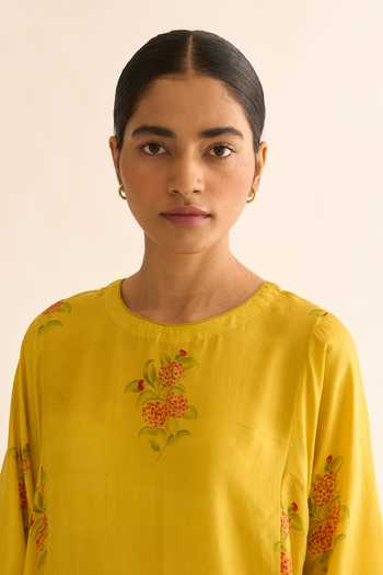 Shop_Dot_Yellow Hemp, Cotton, Silk Embroidery Round Evani Floral Print Kurta And Pant Set 