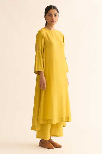 Buy_Dot_Green Cotton, Silk Embroidery Round Neck Ambily Kurta And Pant Set _Online_at_Aza_Fashions